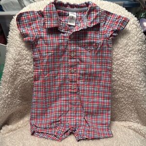 Carter's pinkish red and blue Plaid 1pc romper 9 months